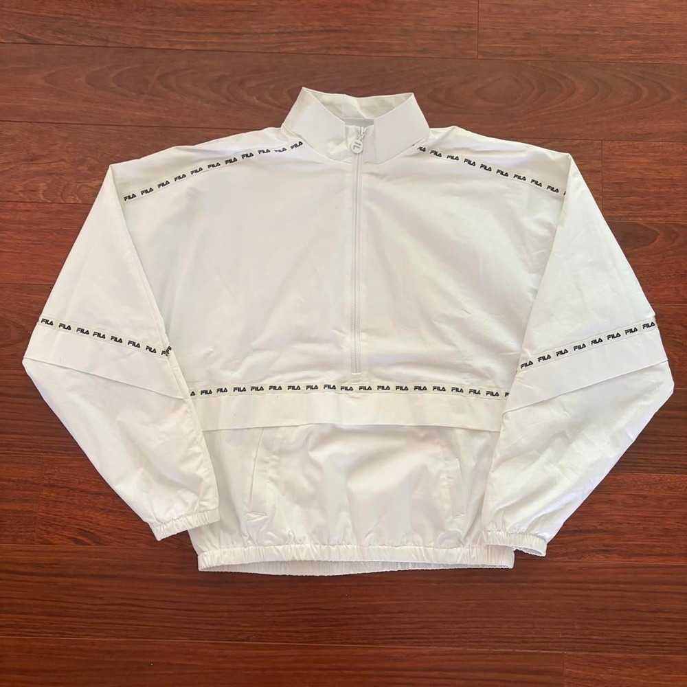 FILA Vintage 90s White Half Zip Windbreaker Pullover Tape Logo Jacket Size S